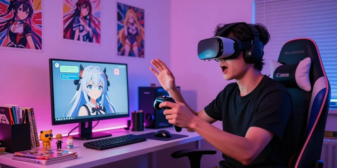 Vibrant anime bedroom with an AI chat hentai experience, showcasing engaging virtual interactions and colorful decor.