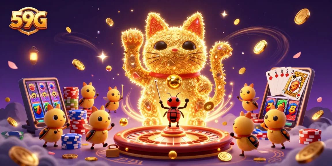 Engage with the vibrant 59G casino scene celebrating luck with golden fireflies and casino symbols.