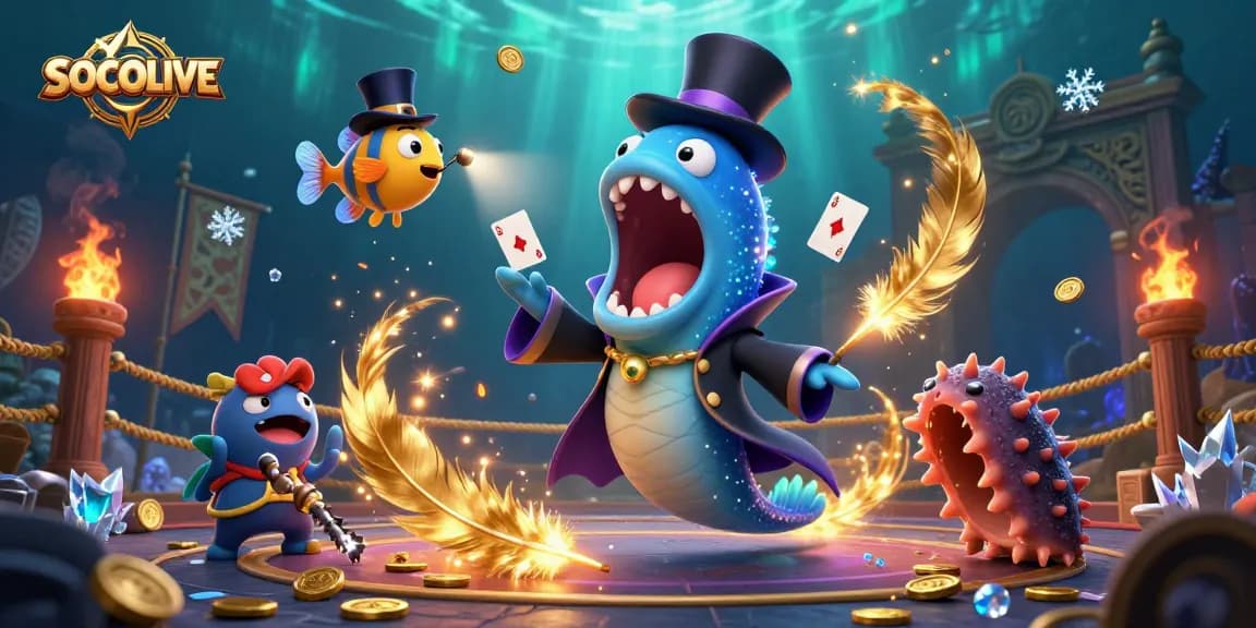 SOCOLIVE-themed underwater illustration showcasing a deep-sea gulper eel performing card tricks amidst gold coins and dynamic casino elements.