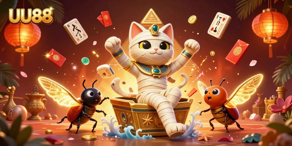 UU88 casino scene featuring an Egyptian mummy cat and a golden scarab beetle, bursting with gambling elements.