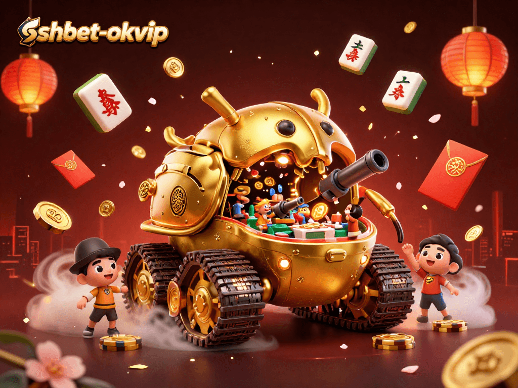 Join the excitement at shbet-okvip with a golden beetle tank casino illustration, surrounded by vibrant festive elements.