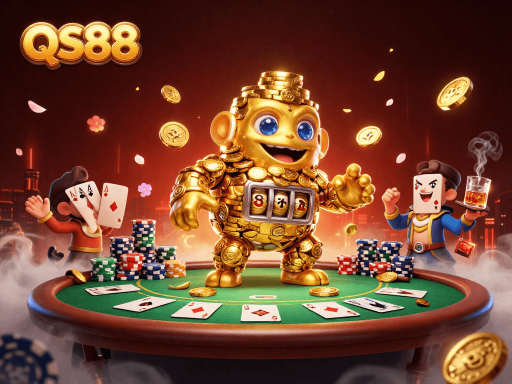 Experience the thrill of QS88 with a vibrant 3D illustration featuring immersive casino elements.