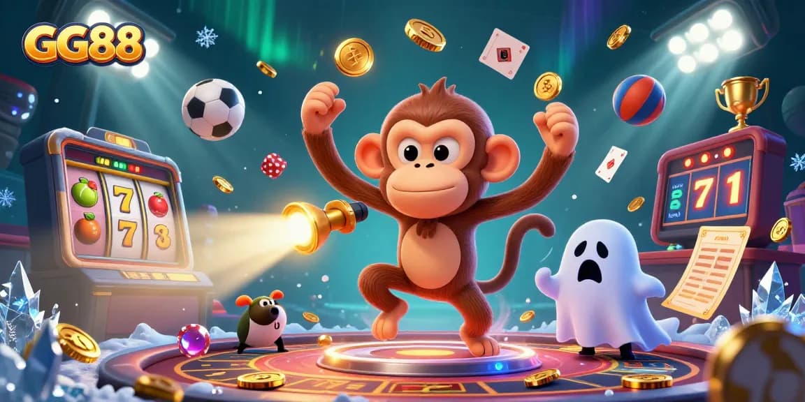 Engage with GG88 as the playful poltergeist monkey juggles casino treasures in a haunted scene.