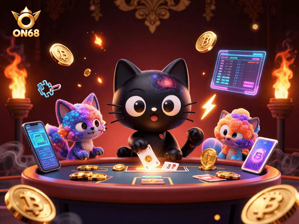 Engage in thrilling gameplay at ON68 with a cosmic cat and galaxy backdrop.