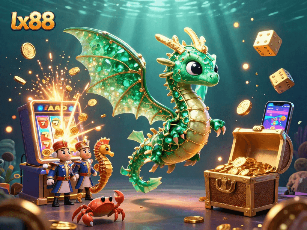 Experience exciting gameplay at lx88 with a dynamic illustration featuring a sea dragon and a jackpot explosion.