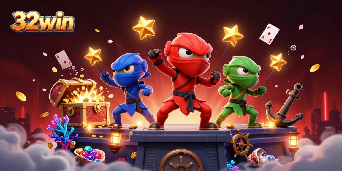 32win showcases exciting casino action with ninja chameleons among gold coins and vibrant game elements.
