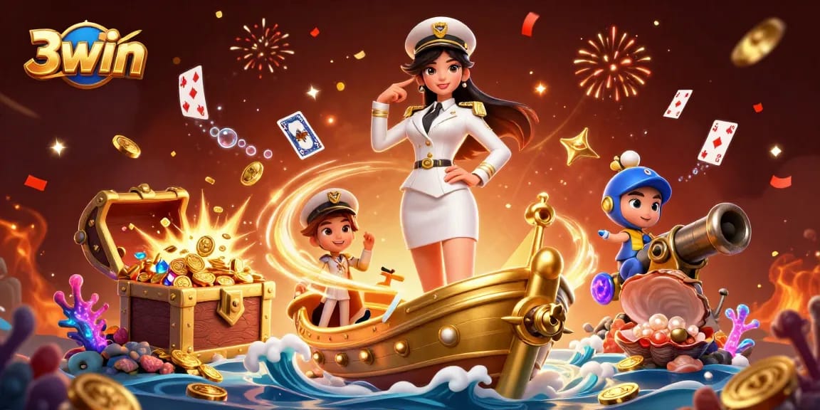 Experience thrilling moments with 3win at a vibrant casino, showcasing winning cards and gold treasures.