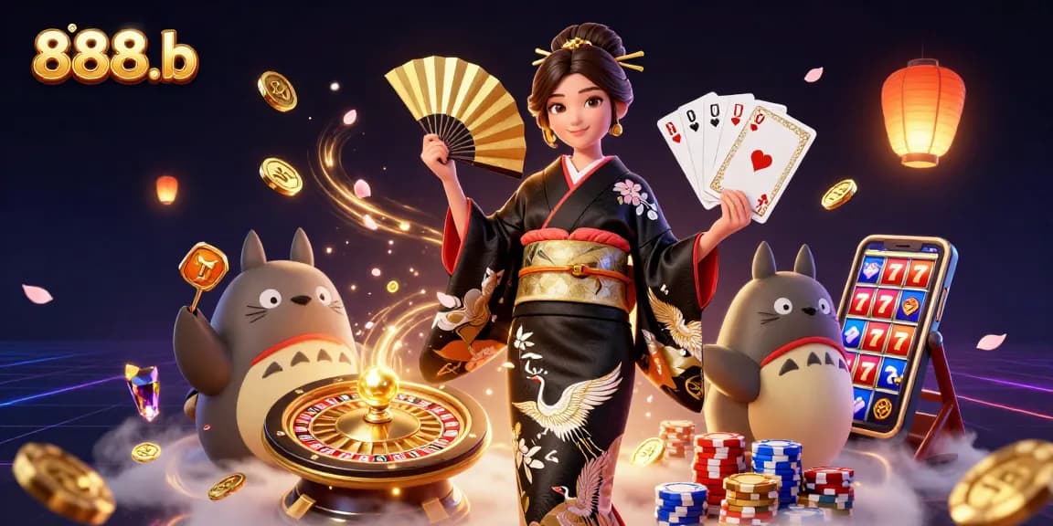 Experience excitement at 888b with a vibrant casino scene featuring a stylized woman, golden coins, and sparkling game elements.