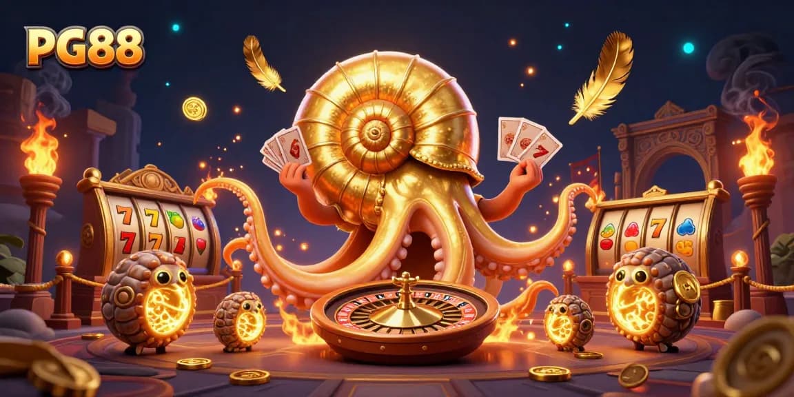 Experience thrilling gameplay at PG88 with a giant nautilus roulette wheel surrounded by slot game elements.