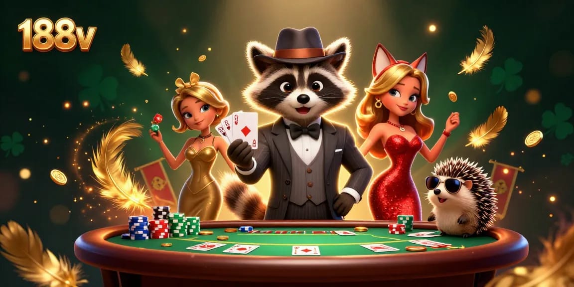 Play poker with 188v's charming characters and thrilling atmosphere in an exciting casino scene.