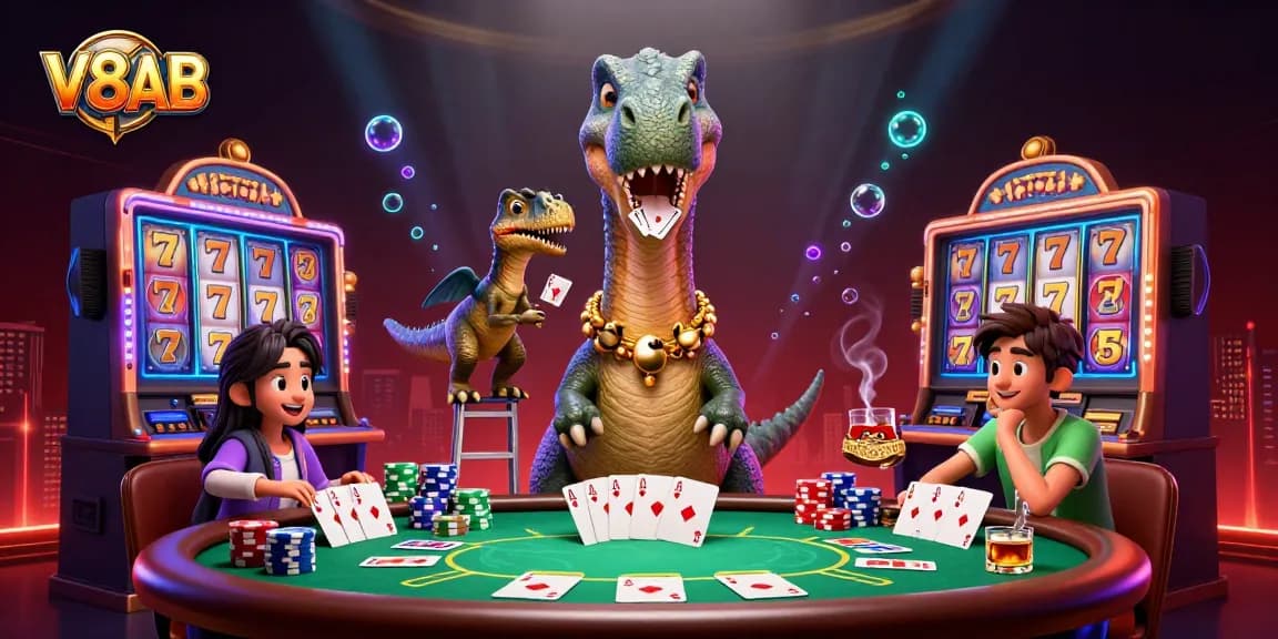 V8AB showcases a dynamic poker scene with cartoon dinosaurs and casino elements in a vibrant casino environment.