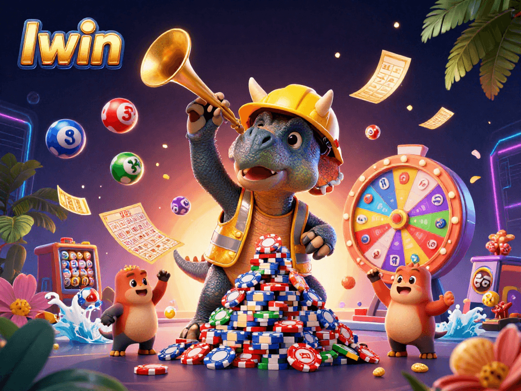 Iwin celebrates winnings with vibrant animated characters building poker chip pyramids, and colorful lottery elements.
