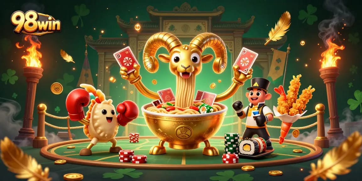 Bet big with 98win; a vibrant scene of cartoon characters celebrating casino wins with golden coins.