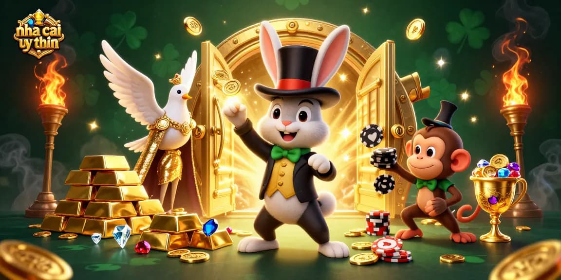 Play thrilling games at nha cai uy tin with a vibrant 3D illustration of a magician rabbit, dove, and monkey amidst gold treasures.