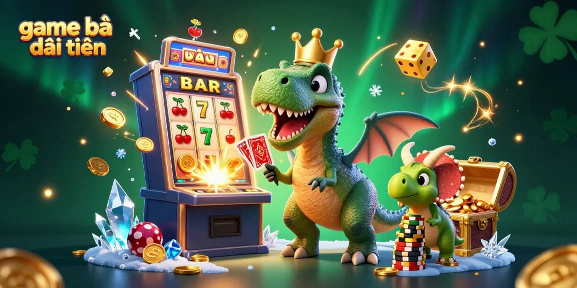 Experience thrilling game bài đổi thưởng with a cartoon T-Rex shuffling cards and winning big!