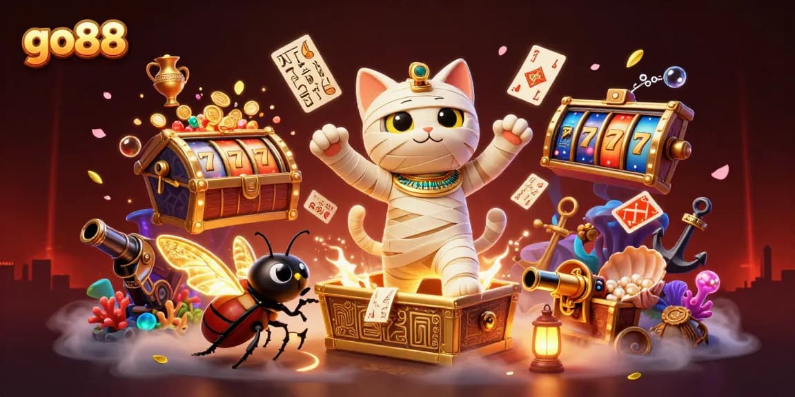 Catch excitement at go88 with a vibrant casino scene showcasing a mummy cat, scarab beetle, and dynamic gaming elements.