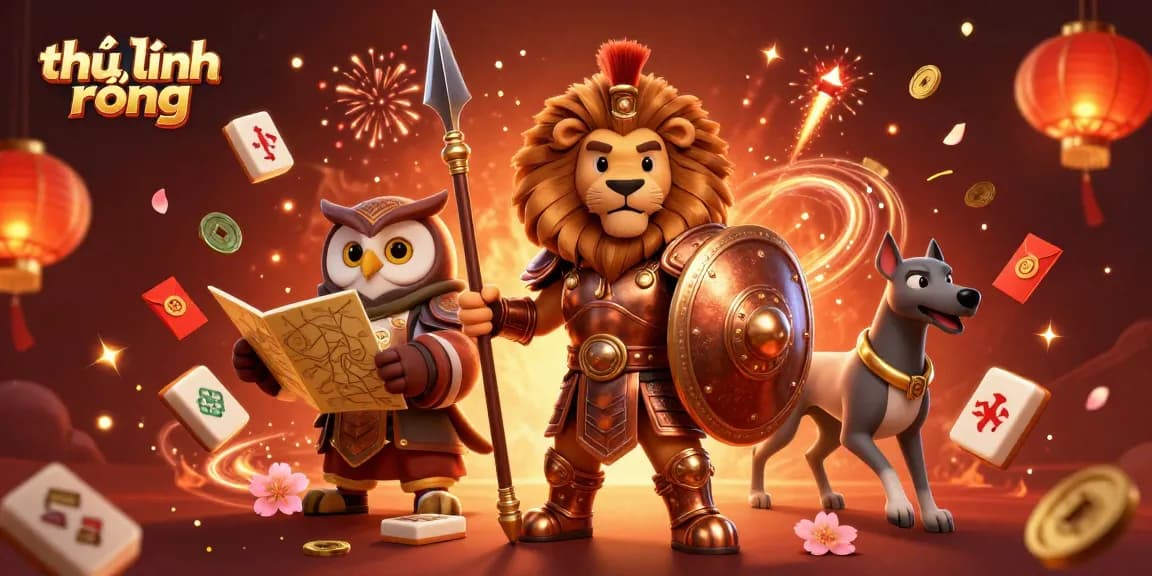 Engage with thủ lĩnh rồng as a Spartan lion and allies strategize amidst vibrant casino elements.