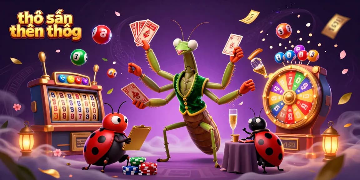 Engage in thrilling slot action with thợ săn tiền thưởng, where a mantis dealer orchestrates a vibrant casino scene.