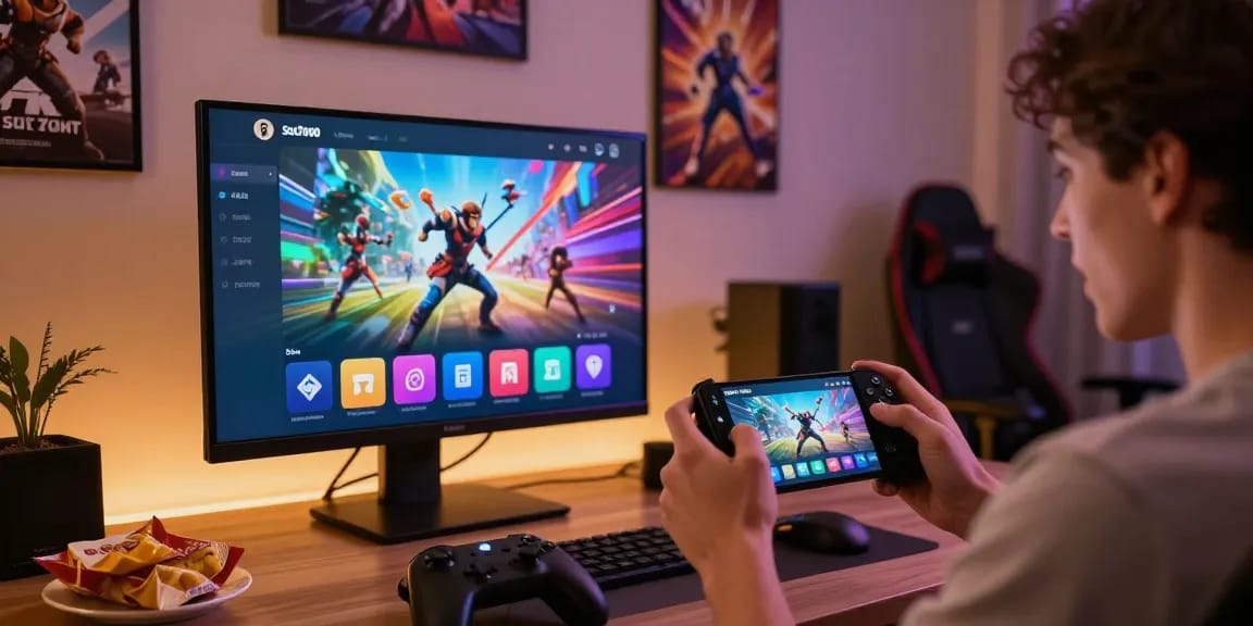 Engaged user playing games on Slot7000 gaming platform with vibrant setup.