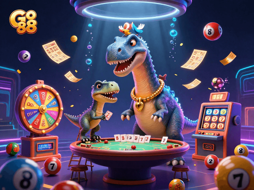 Engage with Go 88 in a vibrant casino scene filled with dynamic lottery elements and characters.