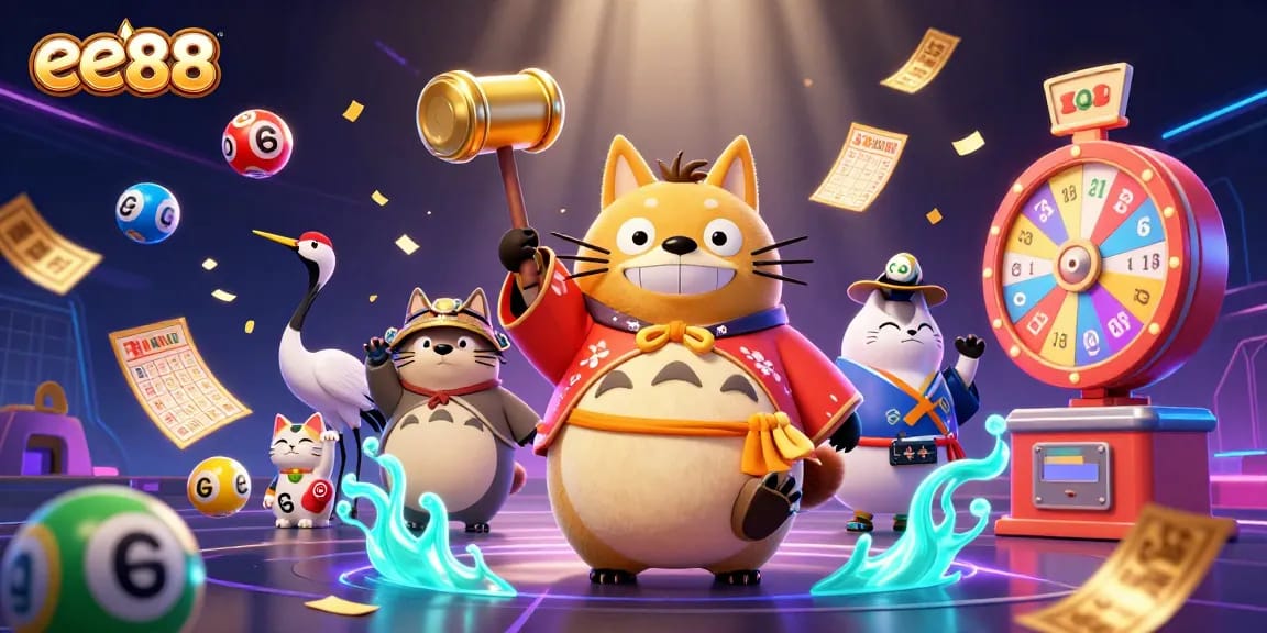 Engage with exciting games at ee88 while exploring vibrant 3D casino-themed artwork.