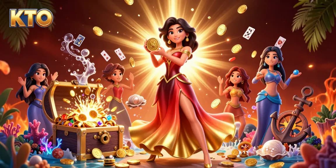 KTO gamers celebrate with a gorgeous Asian woman holding a golden coin amidst a vibrant casino scene.