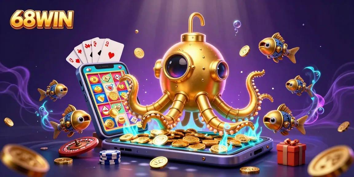 Engage with thrilling gaming at 68WIN, featuring a golden kraken, coins, and vibrant slot games.