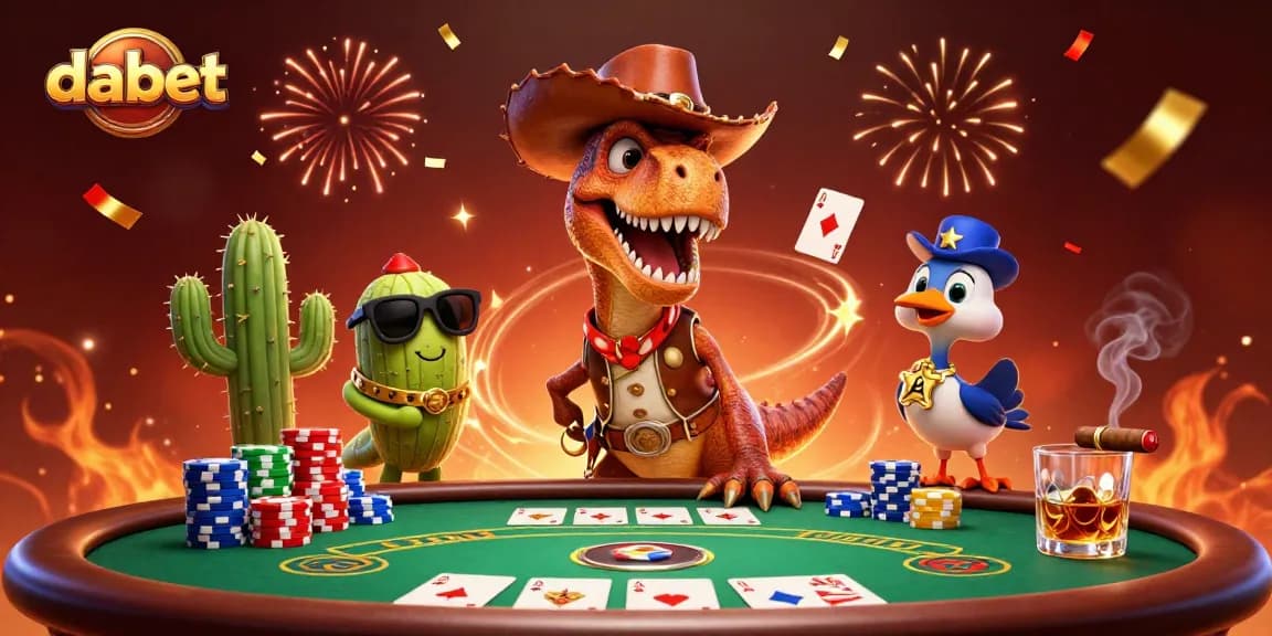 dabet features a lively poker scene with cartoon T-Rex and friends celebrating with a royal flush.