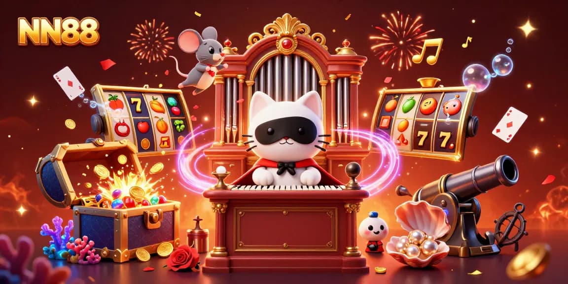 Experience winning thrills at NN88 with vibrant scenes of slot games and festive casino elements.