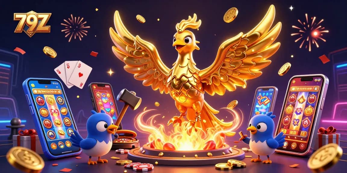 Experience the thrill of 79Z with golden phoenix symbolizing luck amidst vibrant casino games.