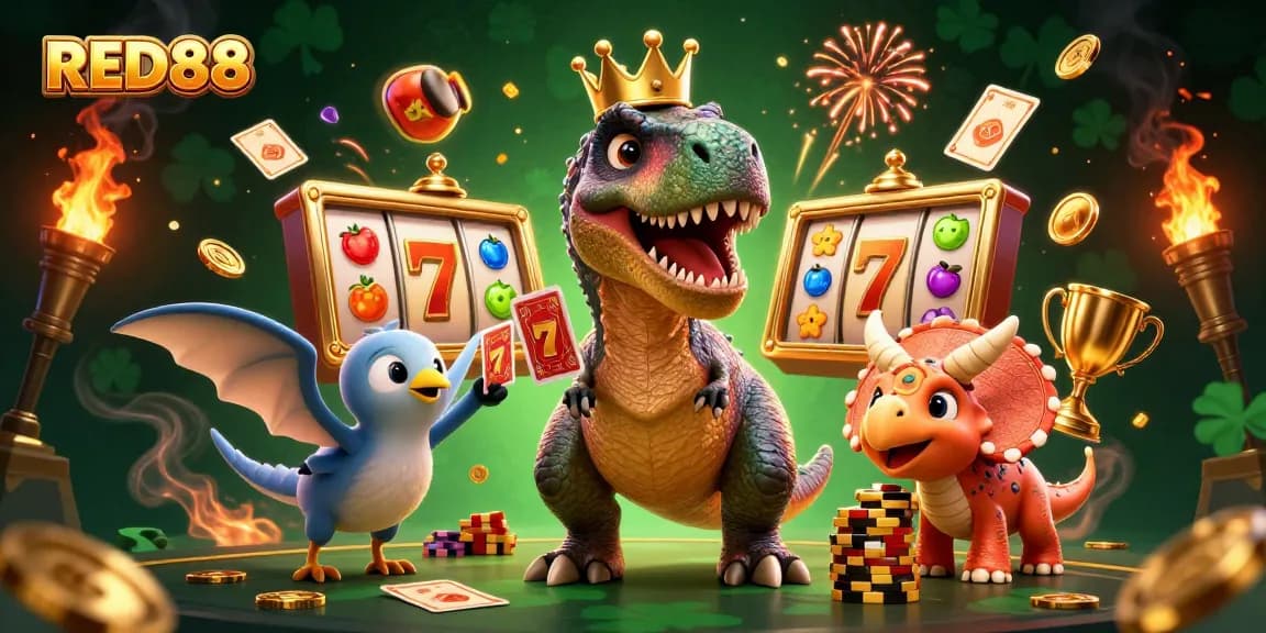 Engaging 3D illustration of a T-Rex and friends demonstrating the thrill of playing slot games at RED88.