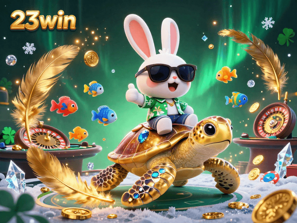 Join the fun at 23win with an exciting live casino scene featuring a lucky rabbit and turtle.