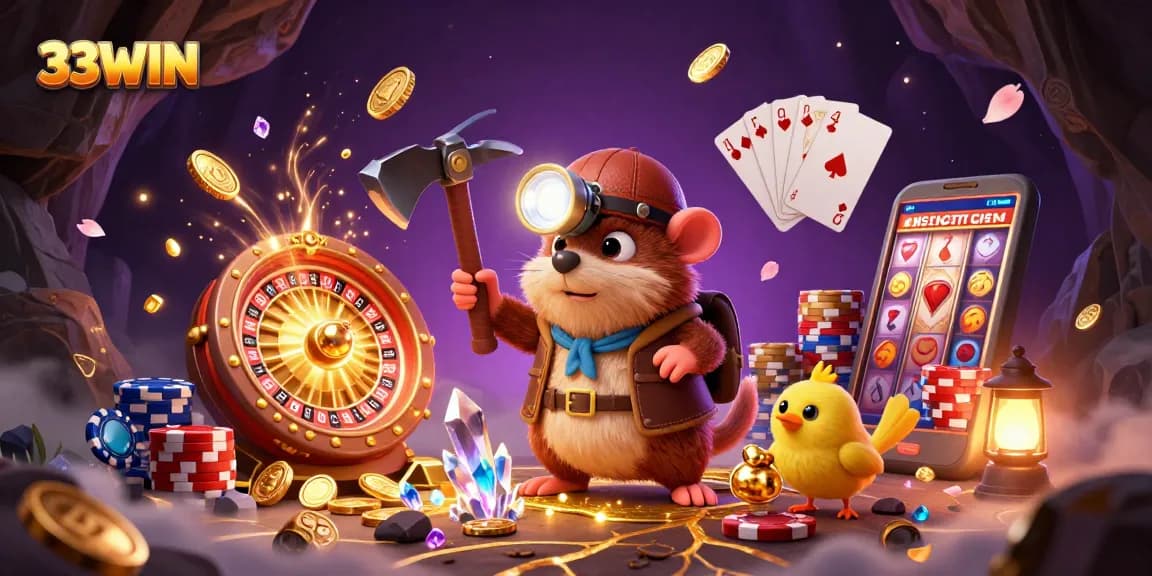 Experience the thrill with 33WIN, featuring cartoon characters enjoying a vibrant casino scene filled with golden treasures.