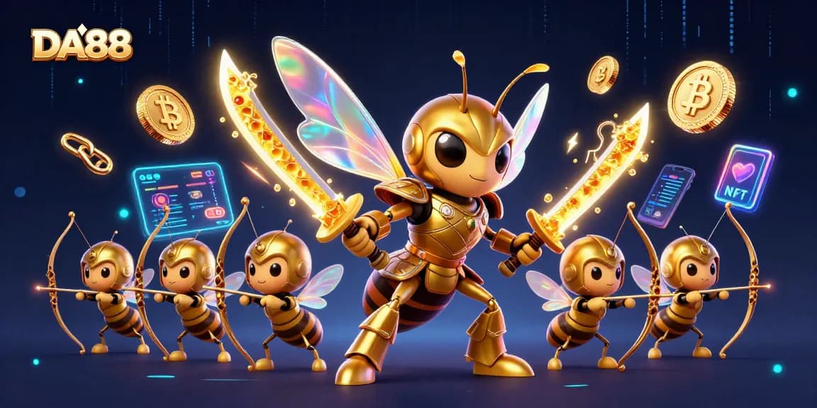 DA88 showcases strategic gameplay with a vibrant 3D illustration of a gaming scene filled with crypto and gambling elements.