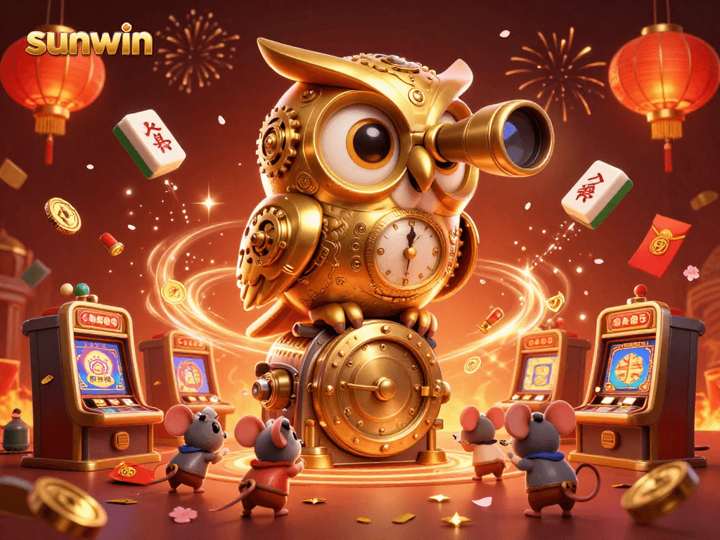 Experience the excitement of sunwin with a vibrant 3D casino scene featuring a clockwork owl and lively gaming elements.