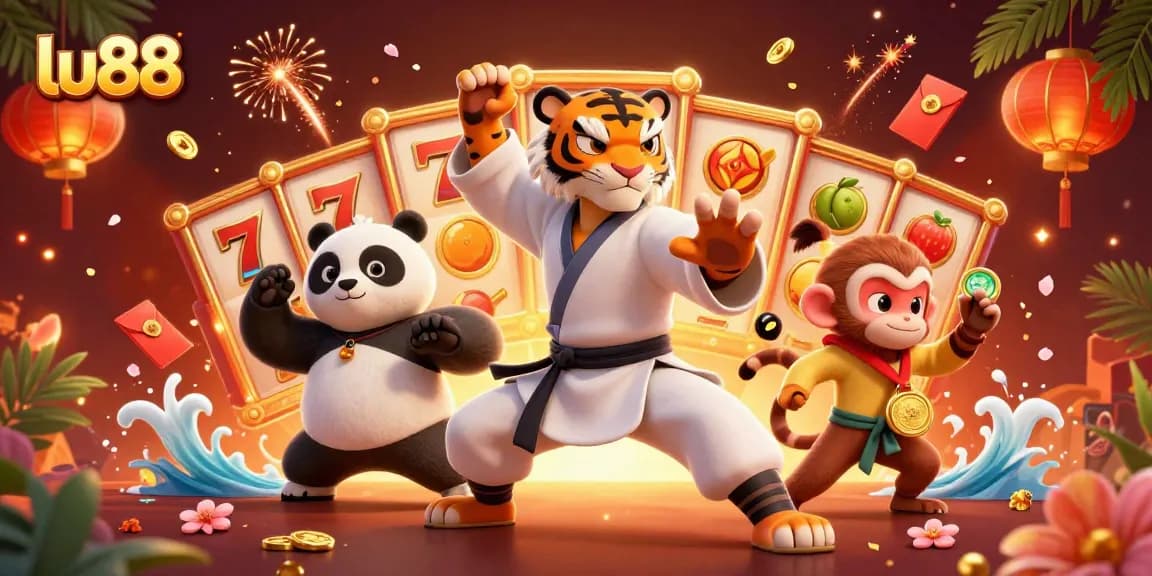 Watch the lu88 kung fu tiger master lead a vibrant casino scene with slot reels and gold coins.