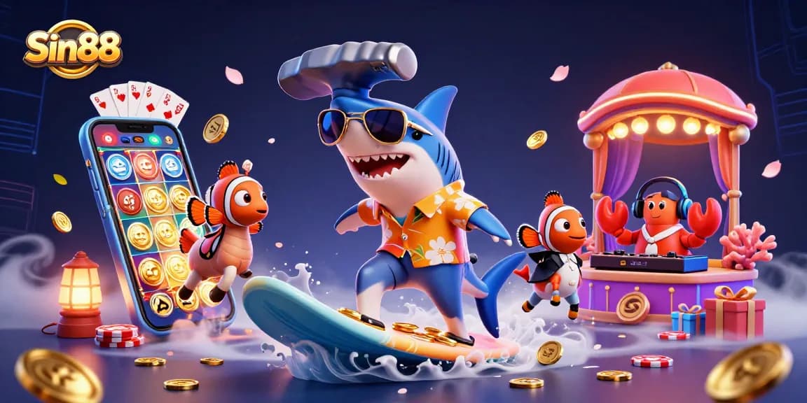 Spin and win with Sin88 in a vibrant 3D casino illustration showing excitement and adventure.