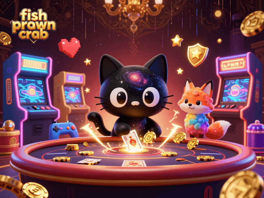 Engage in thrilling fun with the fish prawn crab at a cosmic casino table featuring galaxy-themed characters.