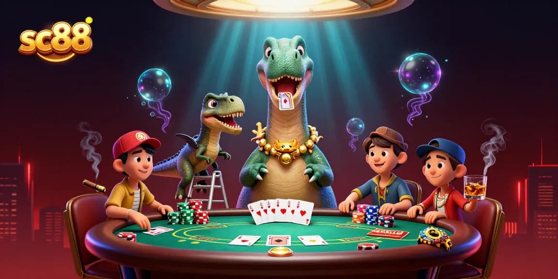 sc88 showcases a vibrant 3D casino scene with dynamic poker action and imaginative dinosaur elements