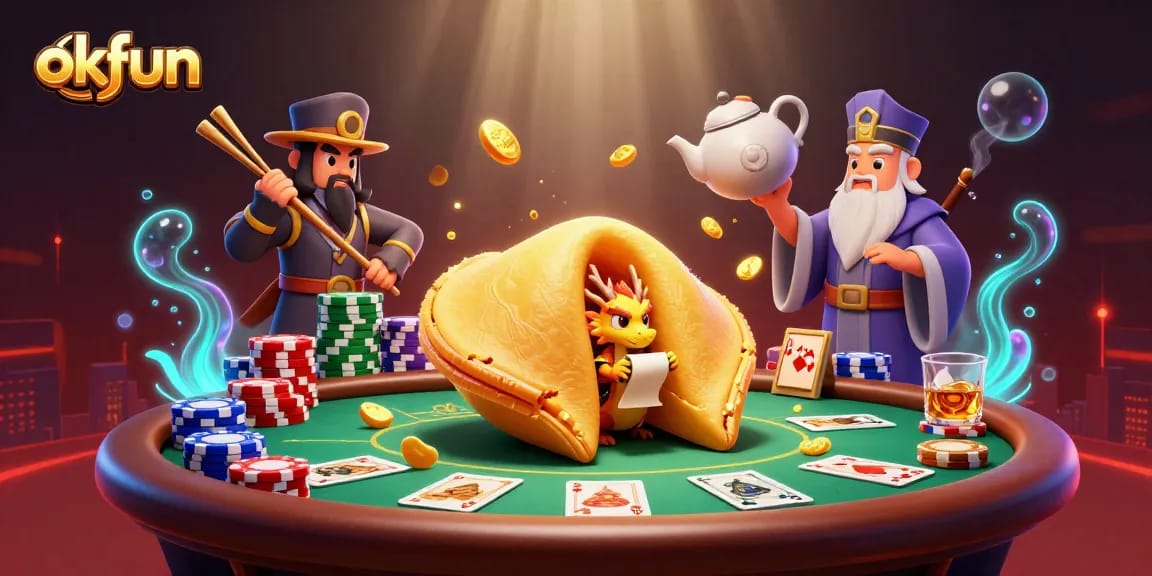 Experience exciting gameplay with okfun featuring a golden fortune cookie scene and vibrant poker elements.