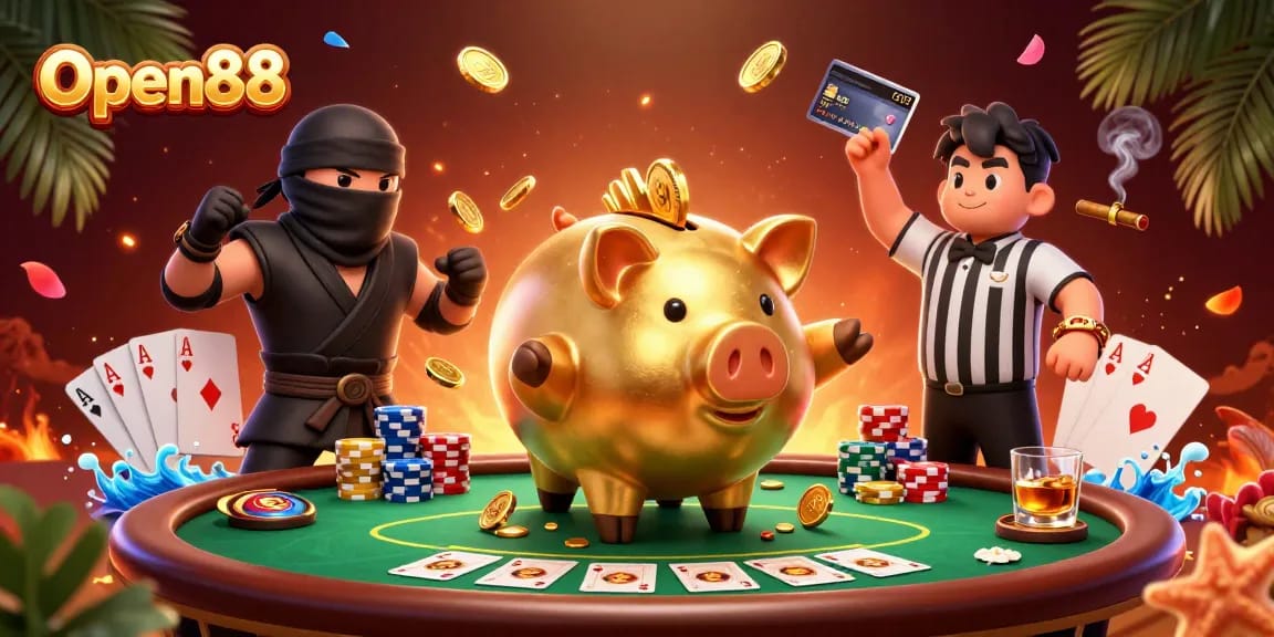 Join the fun at Open88 with dynamic gaming characters and vibrant casino elements!