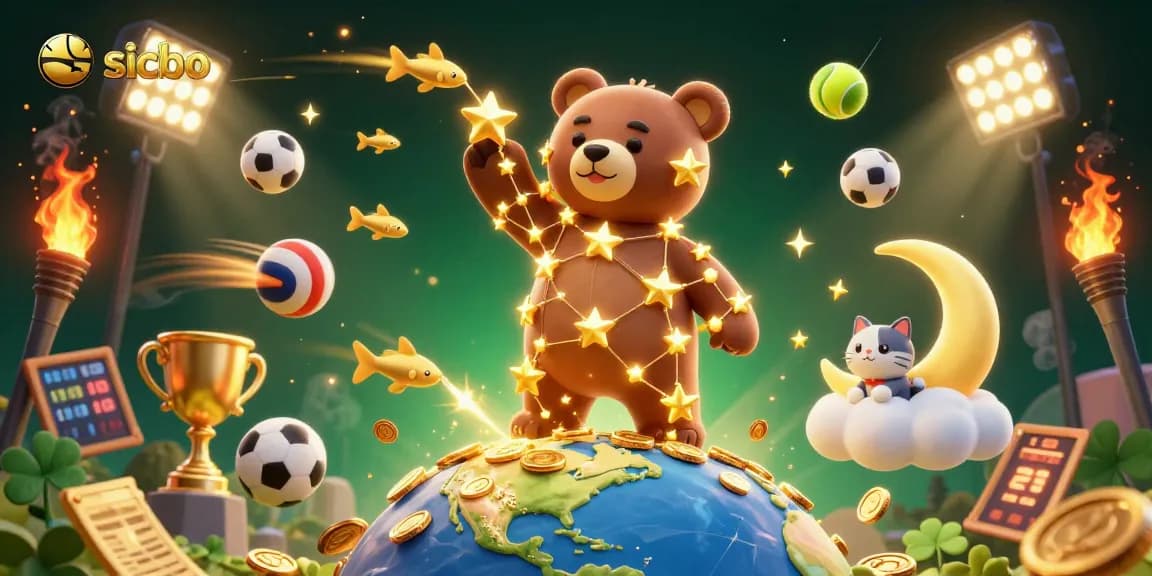 Engage in exciting sicbo gameplay as the constellation bear scoops coins amidst vibrant casino elements.