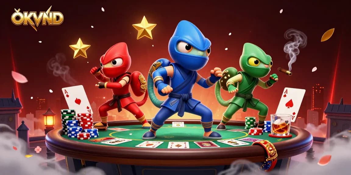 Engage in thrilling gameplay with OKVND’s vibrant casino scene showcasing ninja chameleons and poker elements.