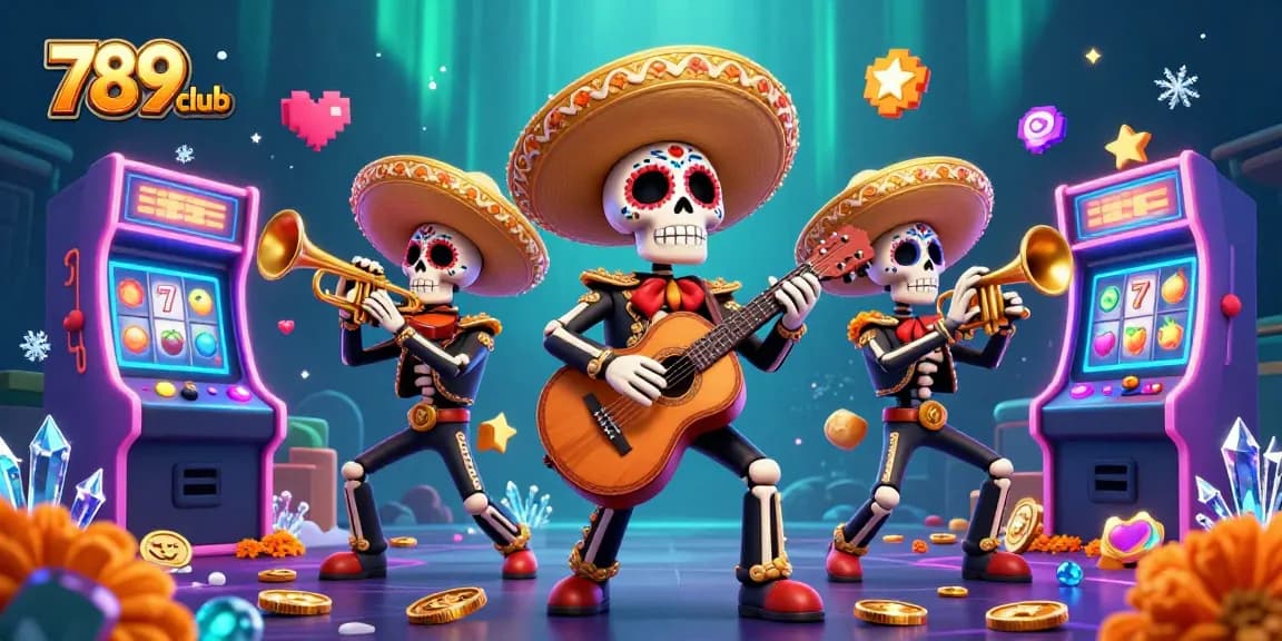 Experience thrilling wins at 789club with our vibrant casino games and mariachi band illustration.