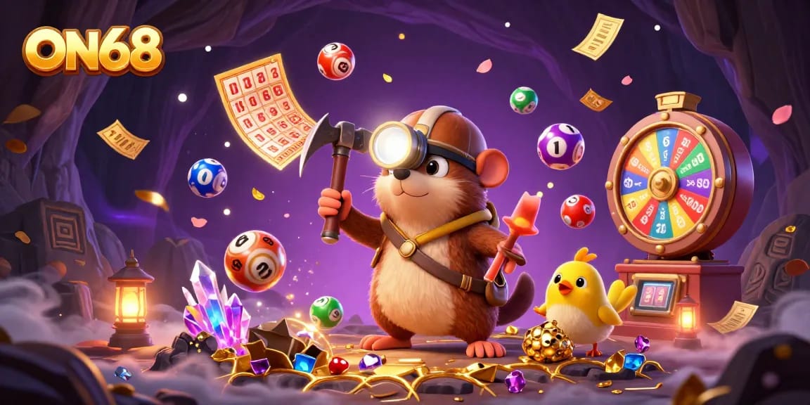Engage with ON68's thrilling treasure hunt for luck with vibrant lottery elements and fun characters.