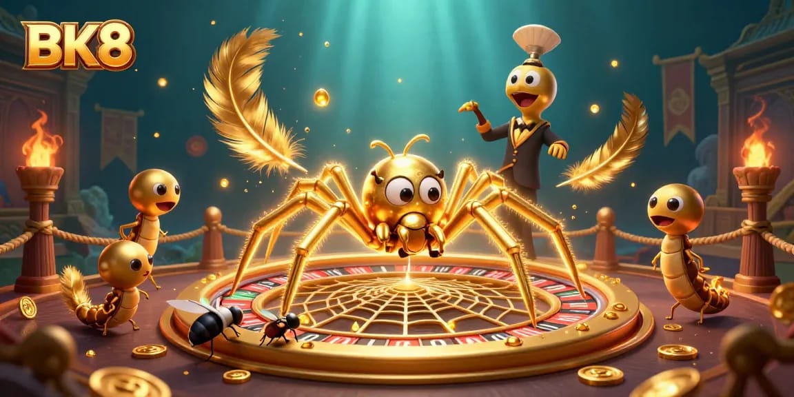 Place your bets with BK8 at a dynamic roulette wheel populated by a golden spider and a centipede croupier.