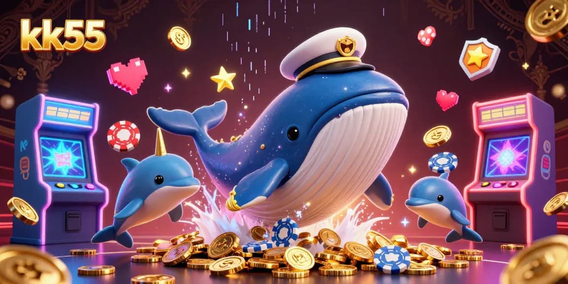 Experience the dynamic fun at KK55 where a whale, narwhal, and dolphins play among casino elements.