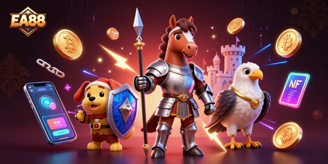 Engage in thrilling EA88 gaming with exciting knight character, crypto elements, and vibrant casino action.