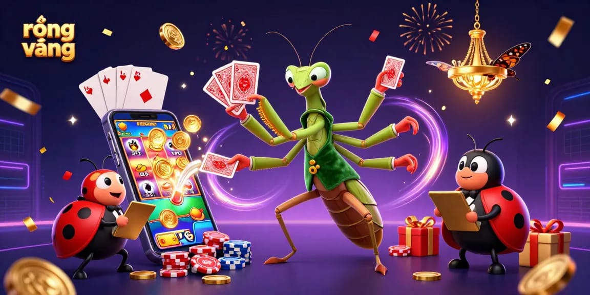 Experience thrilling rồng vàng action with casino characters amid vibrant games and celebrations.