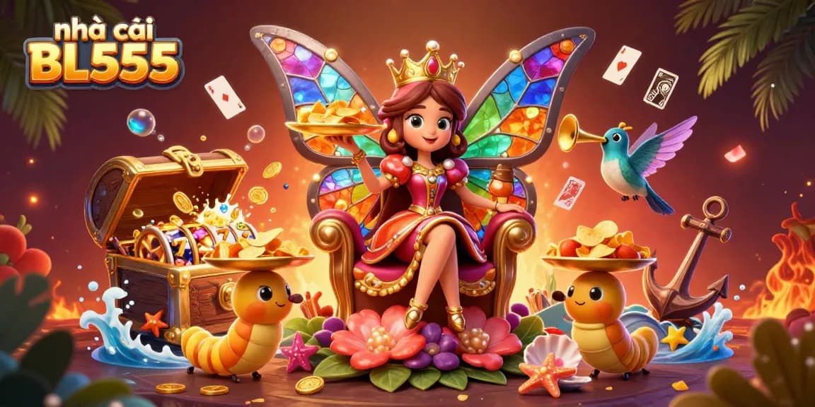 Experience excitement with nhà cái BL555's dynamic 3D casino scene featuring vibrant characters and slot games.